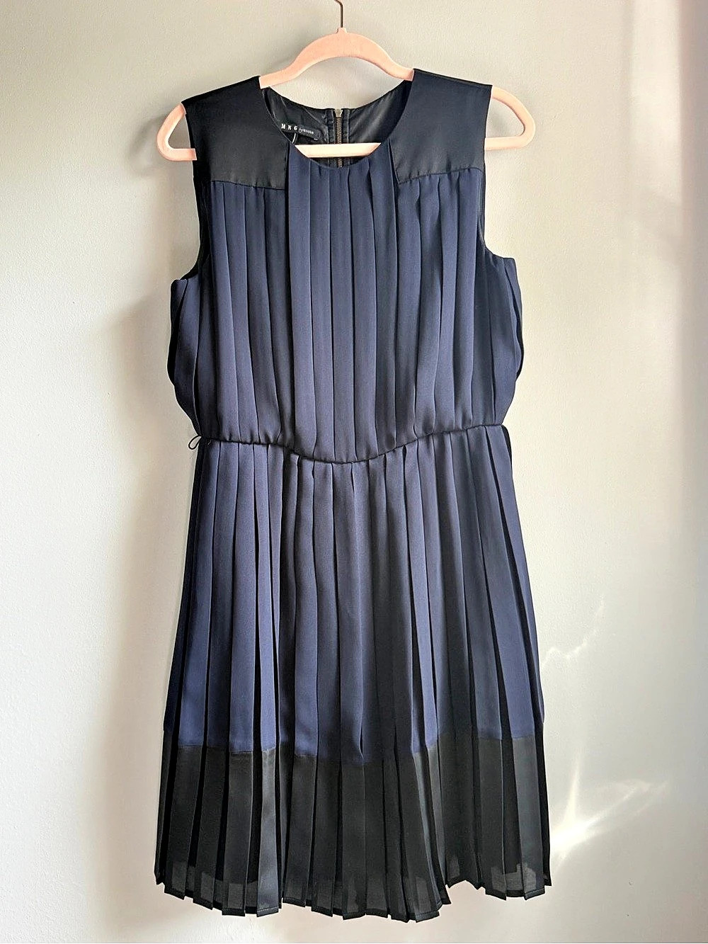 MNG by Mango Navy Crepe & Black Satin Colorblock Dress Size 10